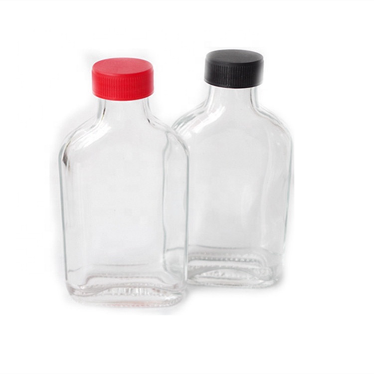 cheap portable  300ml clear flat flask liquor glass bottle cold beverage juice glass bottle with red plastic black lid 8oz