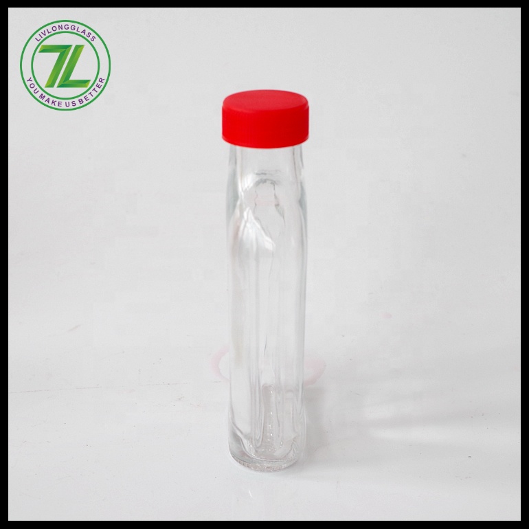 cheap portable 300ml clear flat flask liquor glass bottle cold beverage juice glass bottle with red plastic black lid 8oz
