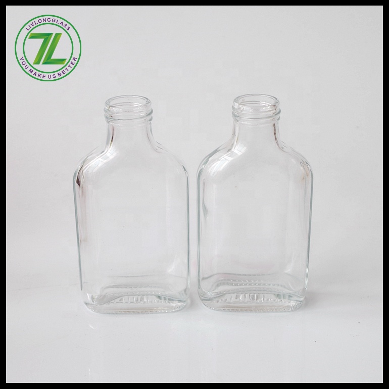 cheap portable 300ml clear flat flask liquor glass bottle cold beverage juice glass bottle with red plastic black lid 8oz