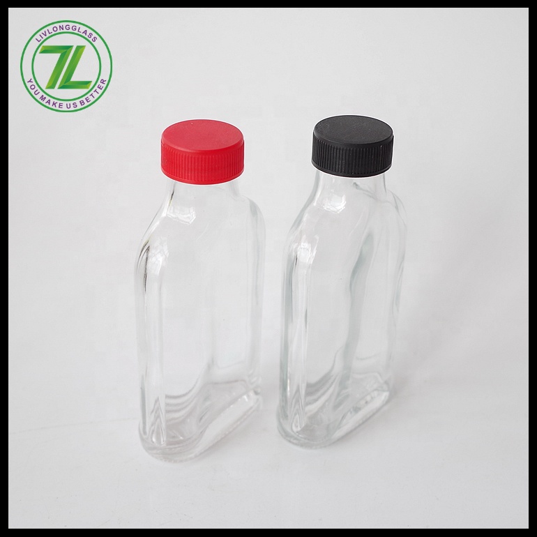 cheap portable 300ml clear flat flask liquor glass bottle cold beverage juice glass bottle with red plastic black lid 8oz