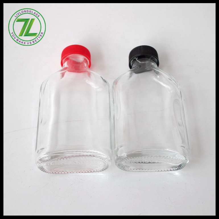 cheap portable 300ml clear flat flask liquor glass bottle cold beverage juice glass bottle with red plastic black lid 8oz