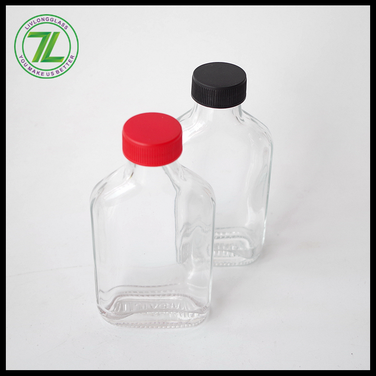 cheap portable 300ml clear flat flask liquor glass bottle cold beverage juice glass bottle with red plastic black lid 8oz
