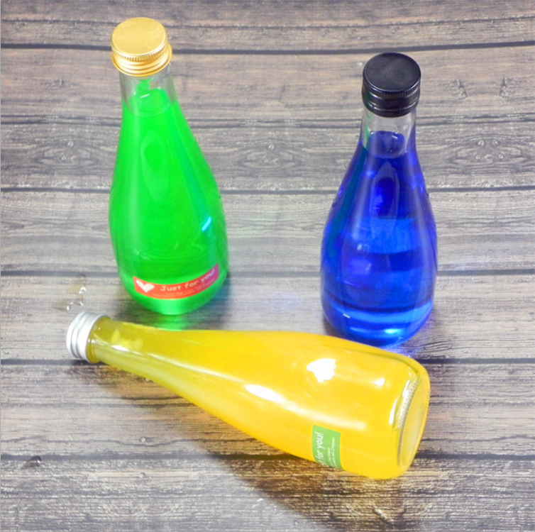 cheap price cone shape glass beverage bottles juice bottle 250ml and 500ml with metal lid