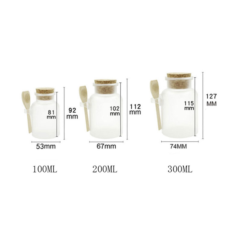 china suppliers 100ml 200ml 300ml round frosted surface ABS bath salt container with Spoon and cork for personal care