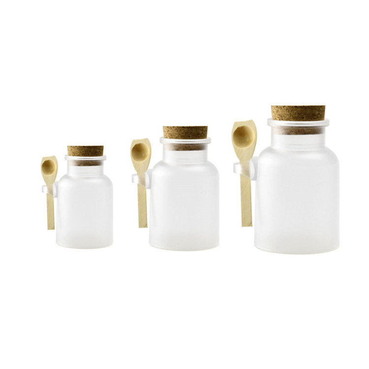 china suppliers 100ml 200ml 300ml round frosted surface ABS bath salt container with Spoon and cork for personal care