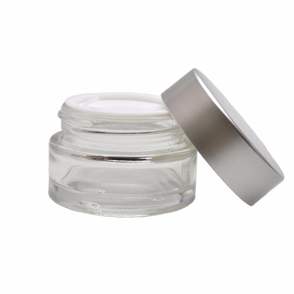 china suppliers 5g 10g 15g 30g 50g 100g clear amber glass cosmetic jar glass cream container with aluminum cap plastic cap