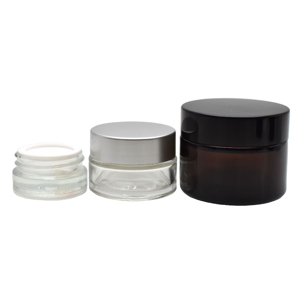 china suppliers 5g 10g 15g 30g 50g 100g clear amber glass cosmetic jar glass cream container with aluminum cap plastic cap