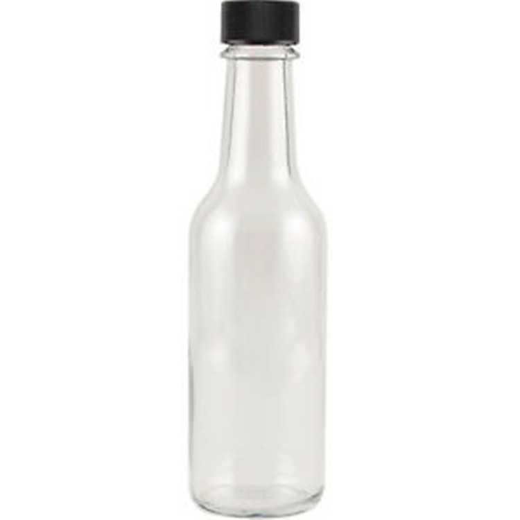 clear 150ml 5 oz glass bottle hot sauce with black screw lid