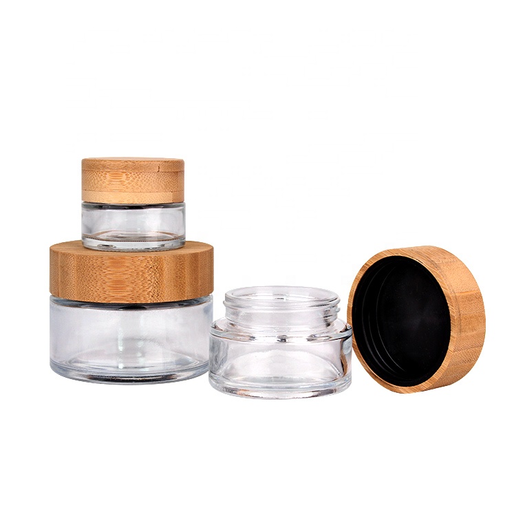 clear 20ml 50ml 100ml skin care cosmetics cream glass jar and bamboo wood lid