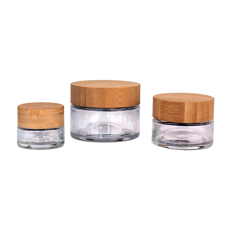 clear 20ml 50ml 100ml skin care cosmetics cream glass jar and bamboo wood lid