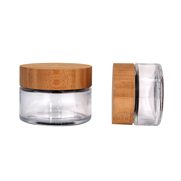 clear 20ml 50ml 100ml skin care cosmetics cream glass jar and bamboo wood lid