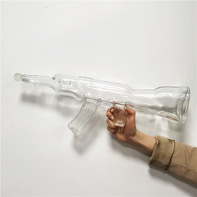 clear ak 47 gun shaped glass wine bottle with cork lid