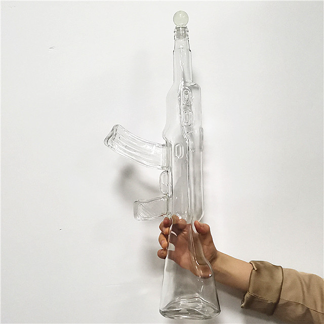 clear ak 47 gun shaped glass wine bottle with cork lid