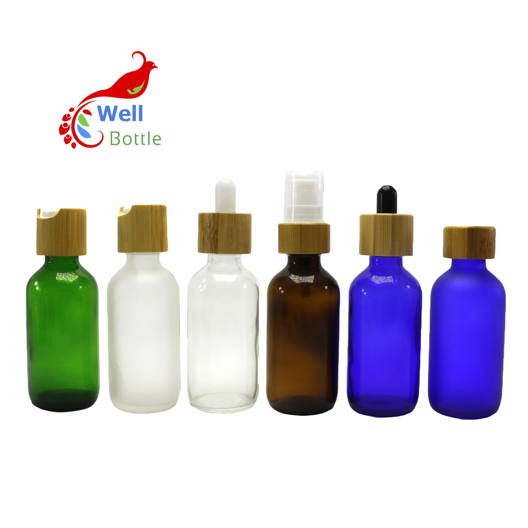 clear blue amber frosted cosmetic serum 2oz boston round glass dropper bottle RGB-336C