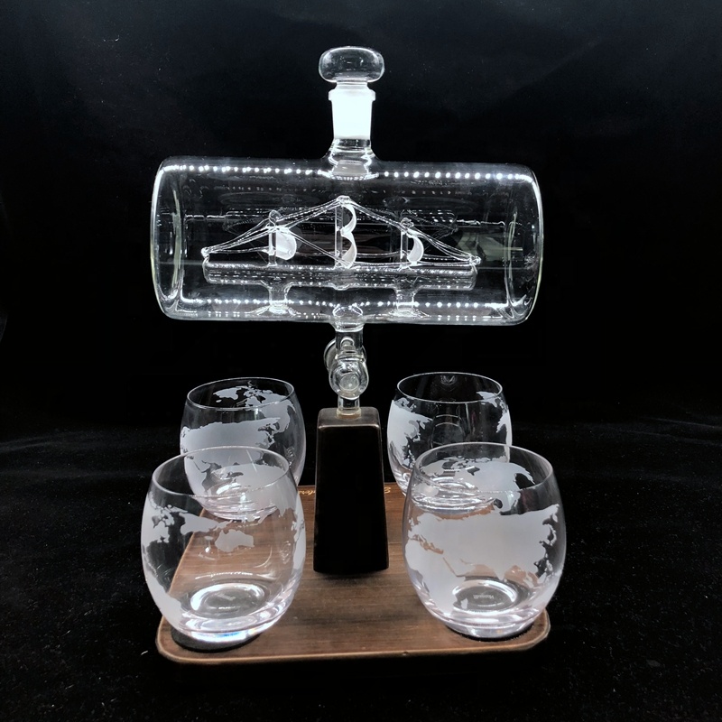 clear built-in sailing wine barrel shaped glass bottle with 4 glasses and wooden base