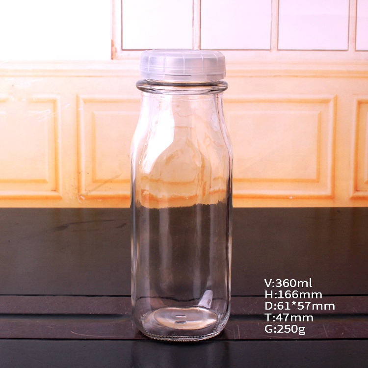 clear color empty 360ml 12oz milk juice glass bottle with white press pull cap