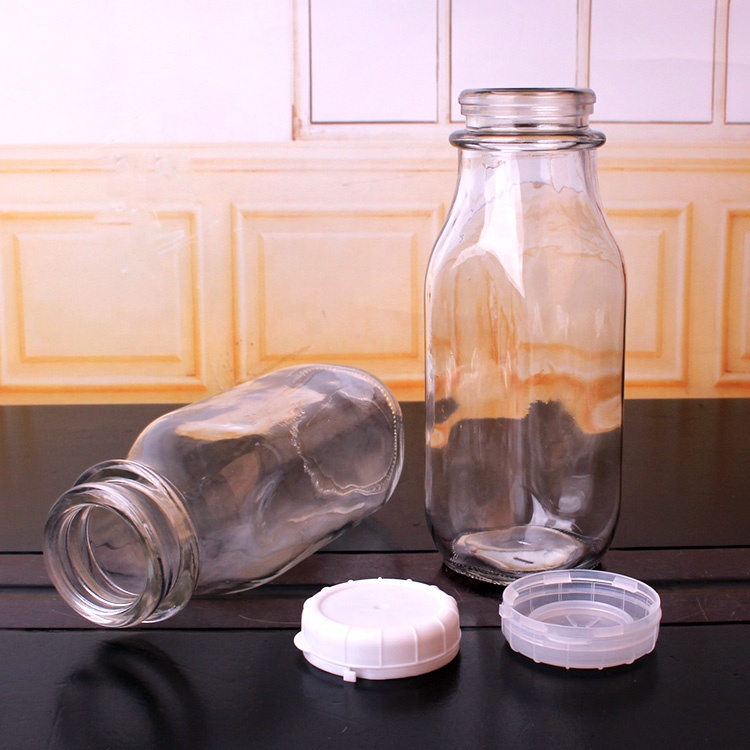 clear color empty 360ml 12oz milk juice glass bottle with white press pull cap