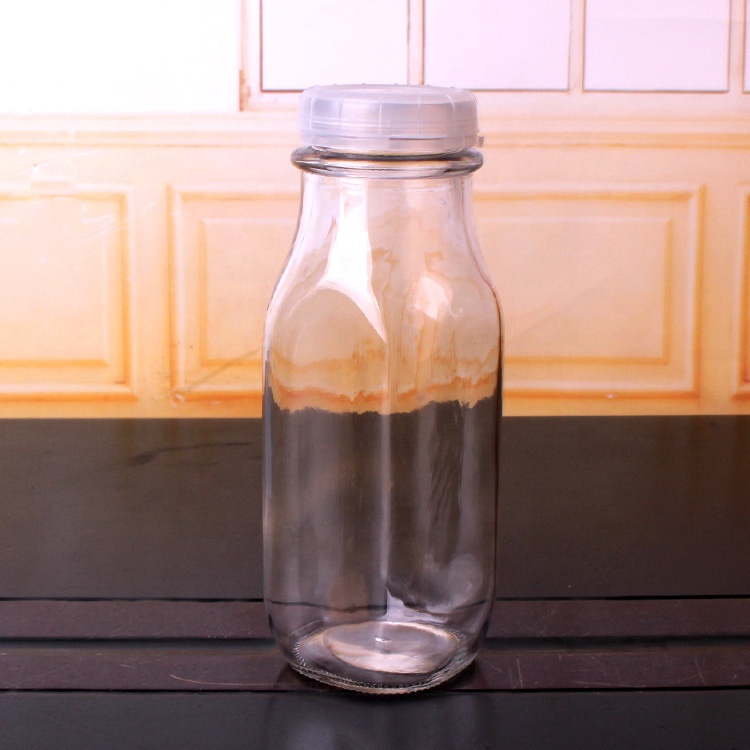 clear color empty 360ml 12oz milk juice glass bottle with white press pull cap