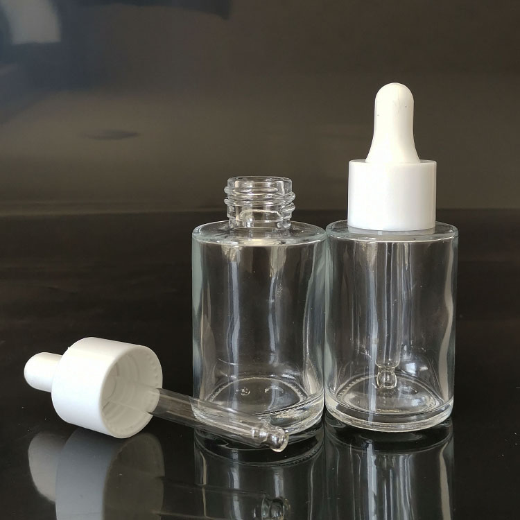 clear cosmetic 30ml flat shoulder frosted clear glass dropper bottle for essential oil