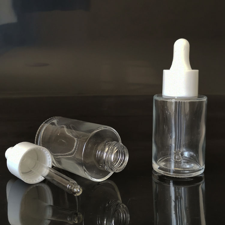 clear cosmetic 30ml flat shoulder frosted clear glass dropper bottle for essential oil