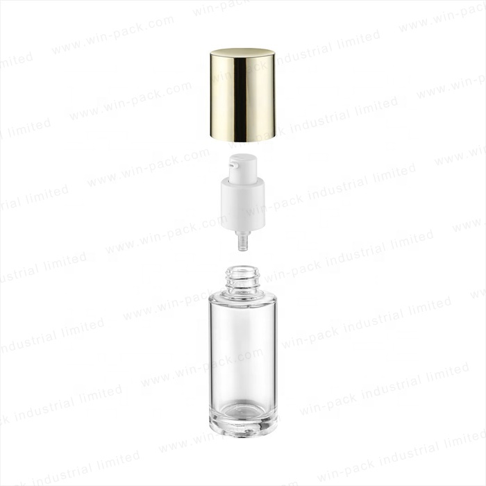 clear empty custom pretty glass liquid bottle with golden color cap and lotion pump 100ml 40ml 120ml