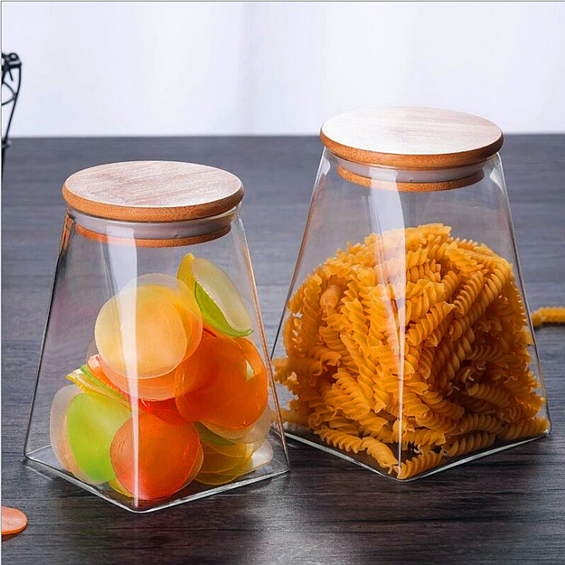 clear empty large wide mouth food lucid square glass storage jar with wooden lid