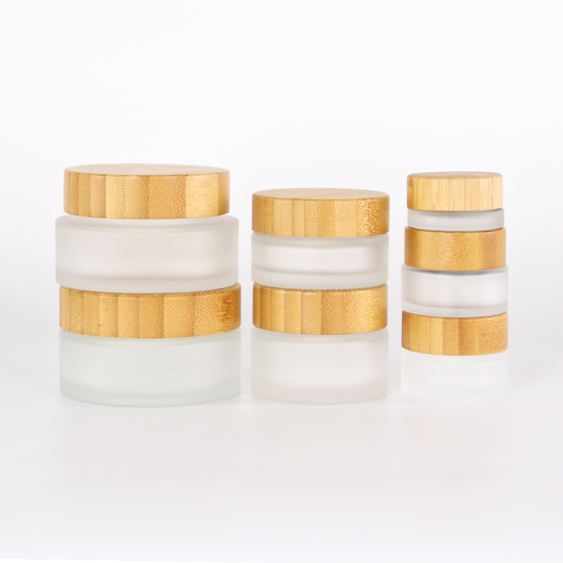 clear frosted color Skin Care Cream Containers 50ml Frosted Cosmetic Glass Jar With Bamboo Lid glass jar