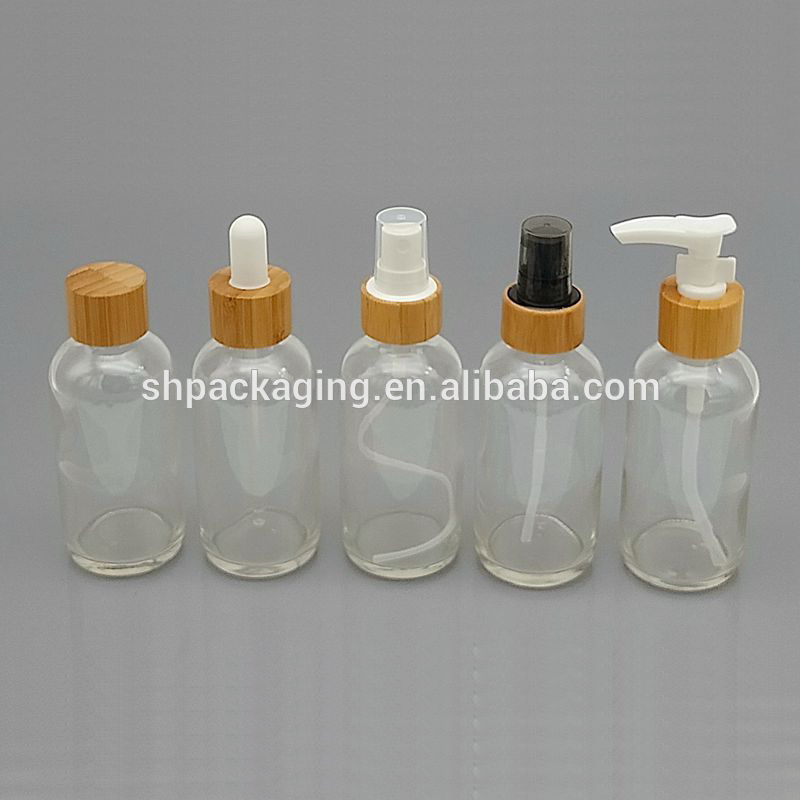 clear glass bottles with bamboo cap 24/410 bamboo dropper 1oz 4oz spray bottle and 10ml 30ml roll on bottles