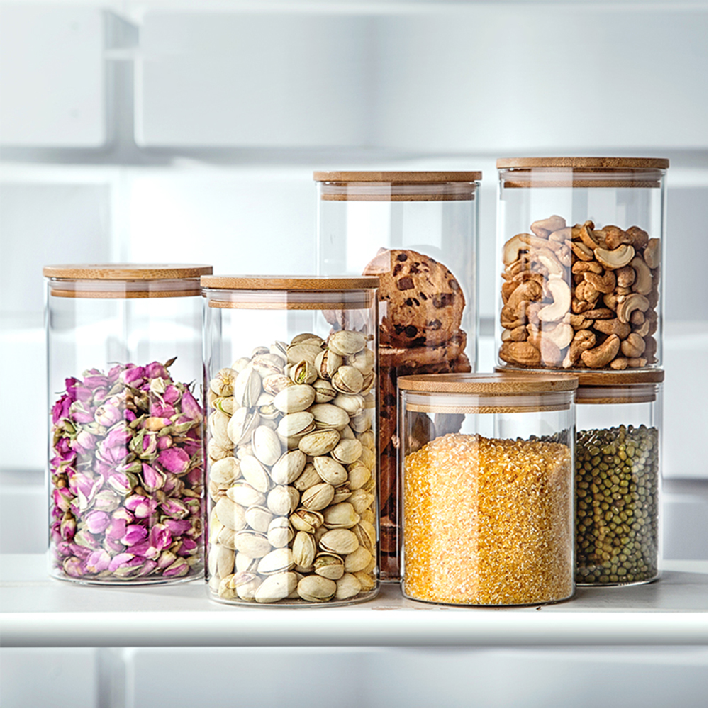 clear glass canisters / glass jar with airtight lid / glass container with wood lid