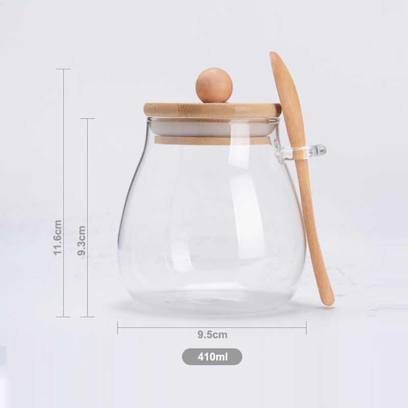 clear glass food spice jar storage canister with bamboo spoon and press lid