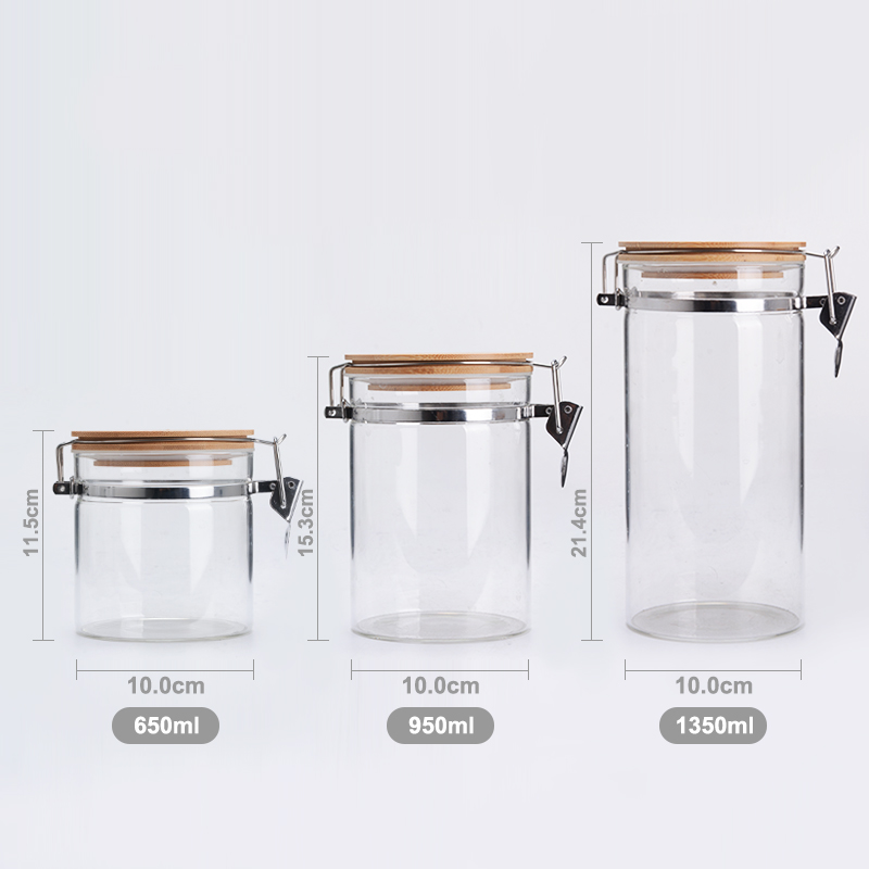 clear glass food spice jar storage canister with bamboo spoon and press lid