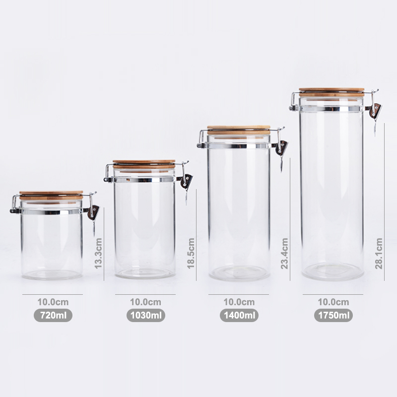 clear glass food spice jar storage canister with bamboo spoon and press lid