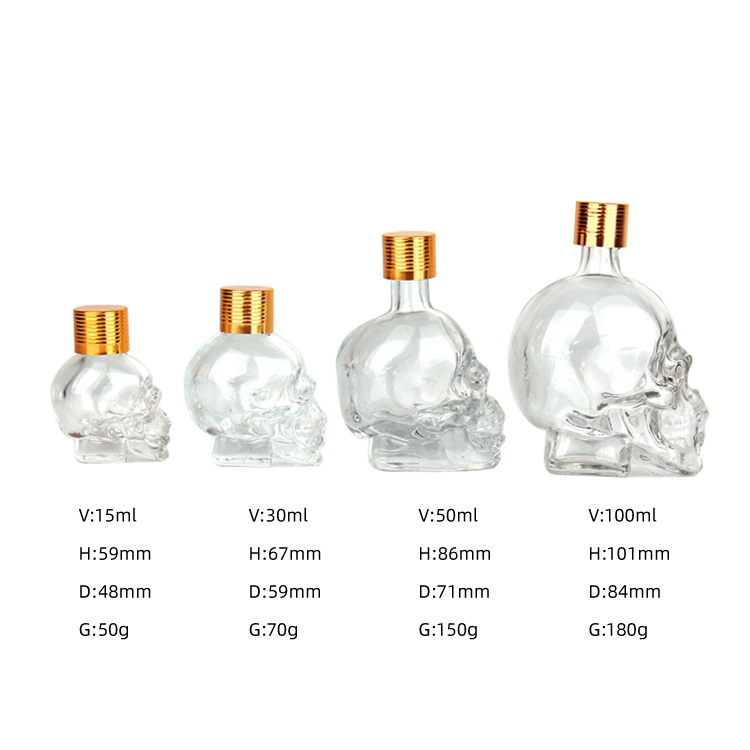 clear glass skull bottle aluminium plastic lids 15ml 30ml 50ml 100ml