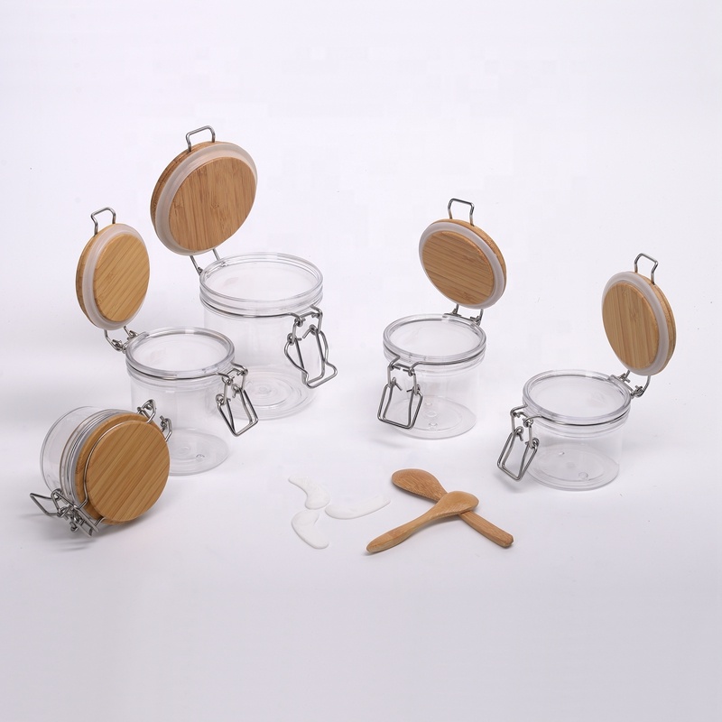 clear pet cosmetic container with bamboo lid 200 ml 250 ml face cream jar