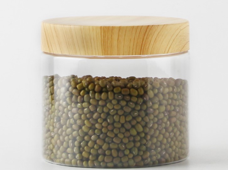 clear pet food grade 500ml smooth side bamboo lid cosmetic jars plastic jar wood lid