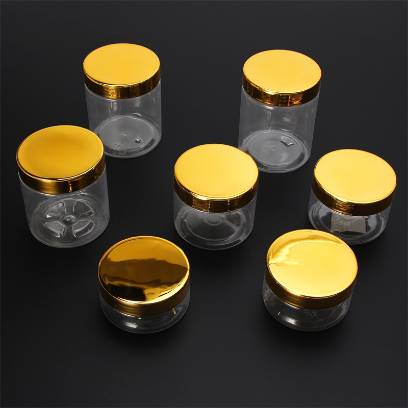 clear round cosmetic jar 100ml PET plastic cream jar with gold lids