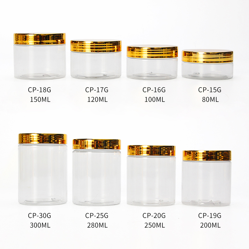 clear round cosmetic jar 100ml PET plastic cream jar with gold lids