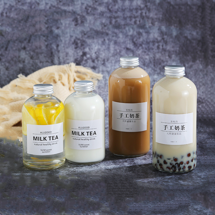 clear round glass drinking bottle for milk tea 350ml 500ml with screw cap