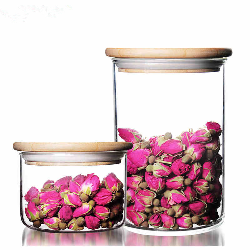 clear round glass storage food jar with bamboo wooden top