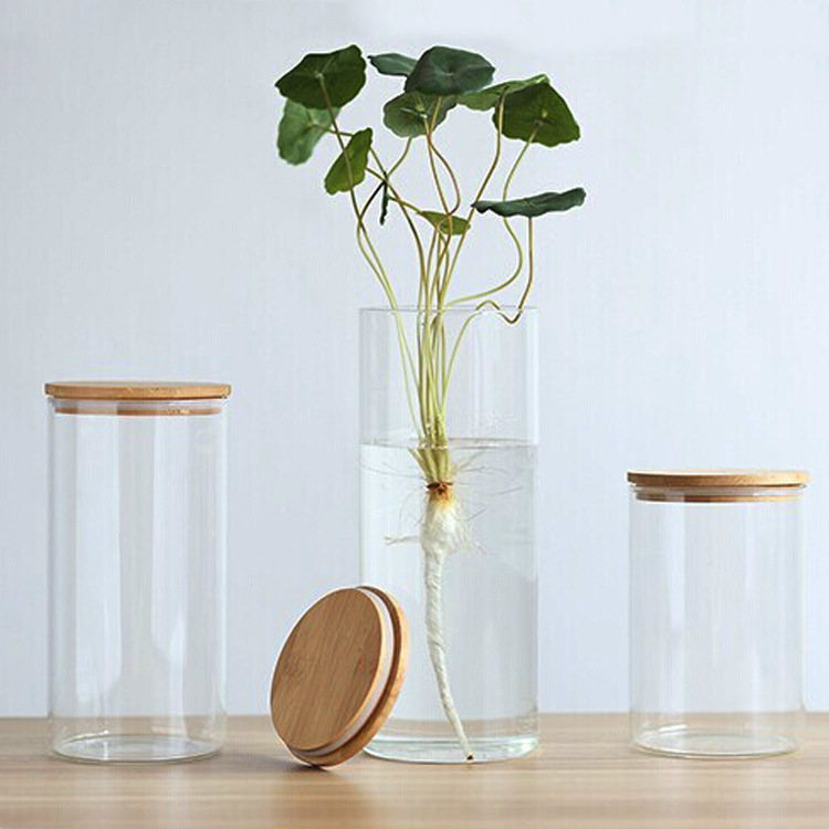 clear round glass storage food jar with bamboo wooden top