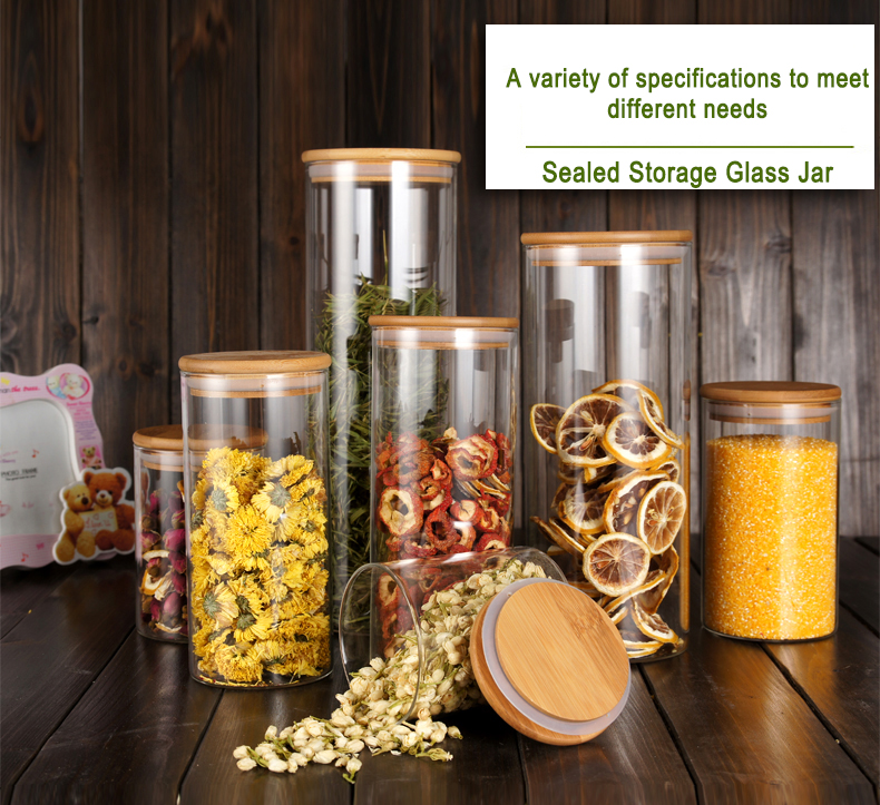 clear round glass storage food jar with bamboo wooden top