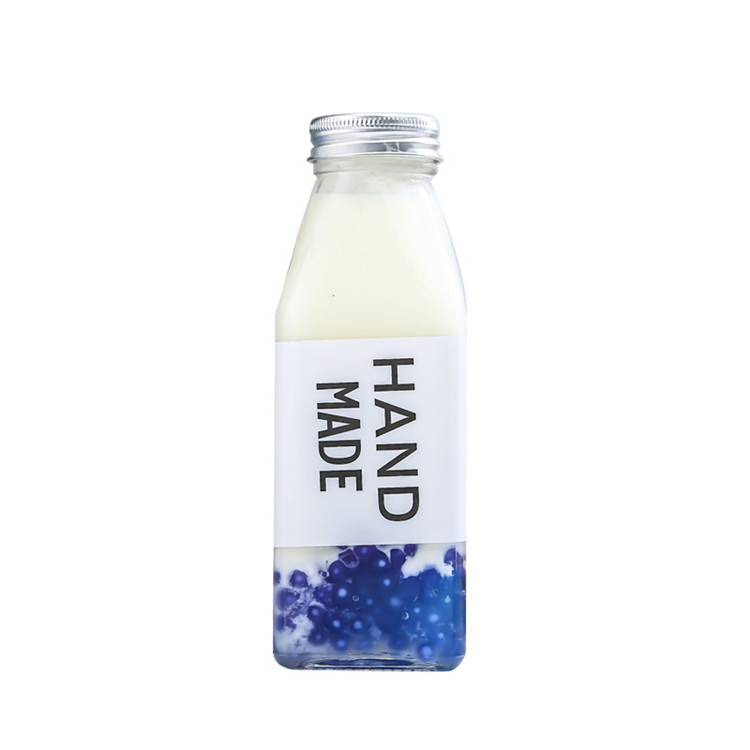 clear square 350ml glass beverage bottle for milk with screw cap