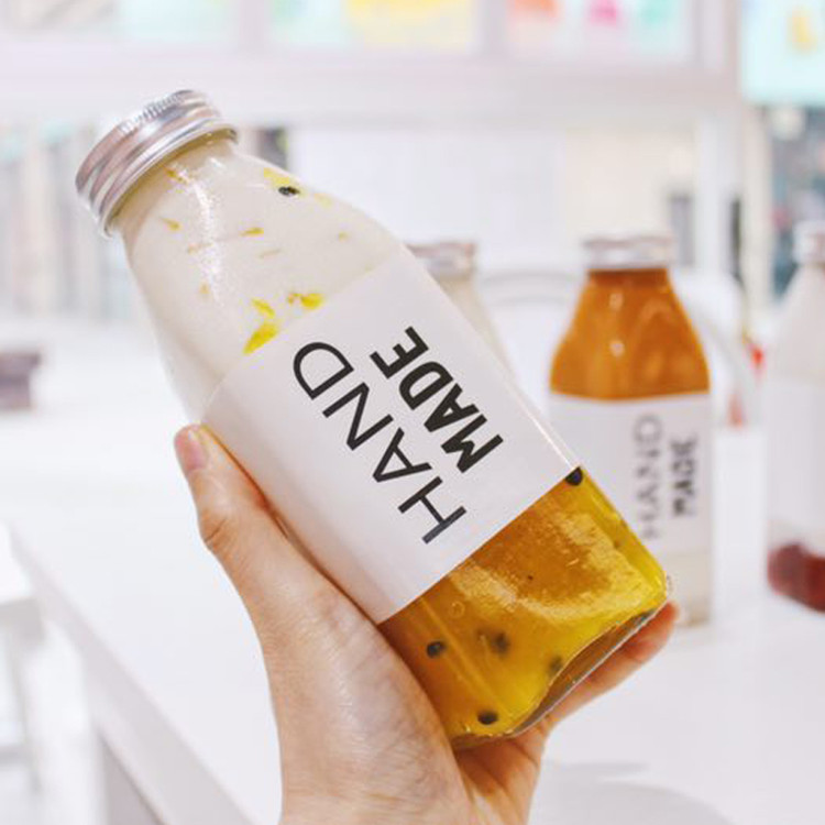 clear square 350ml glass beverage bottle for milk with screw cap