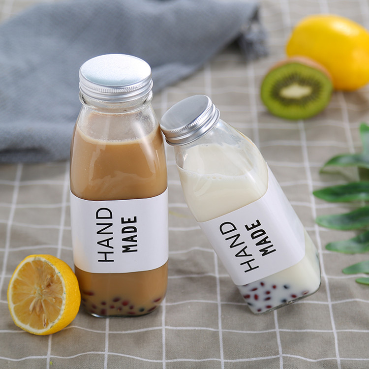 clear square 350ml glass beverage bottle for milk with screw cap