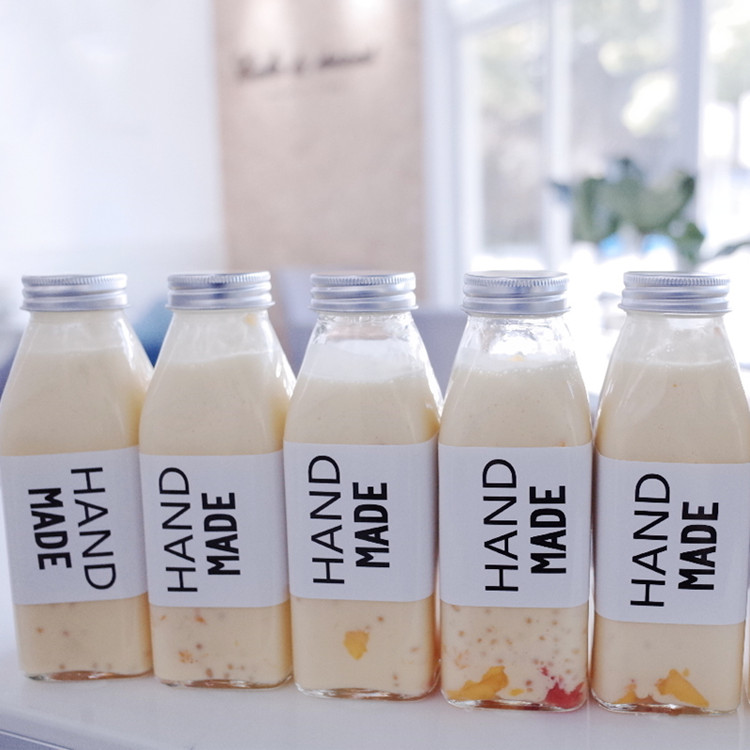 clear square 350ml glass beverage bottle for milk with screw cap