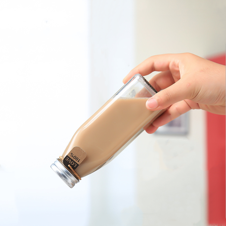 clear square 350ml glass beverage bottle for milk with screw cap