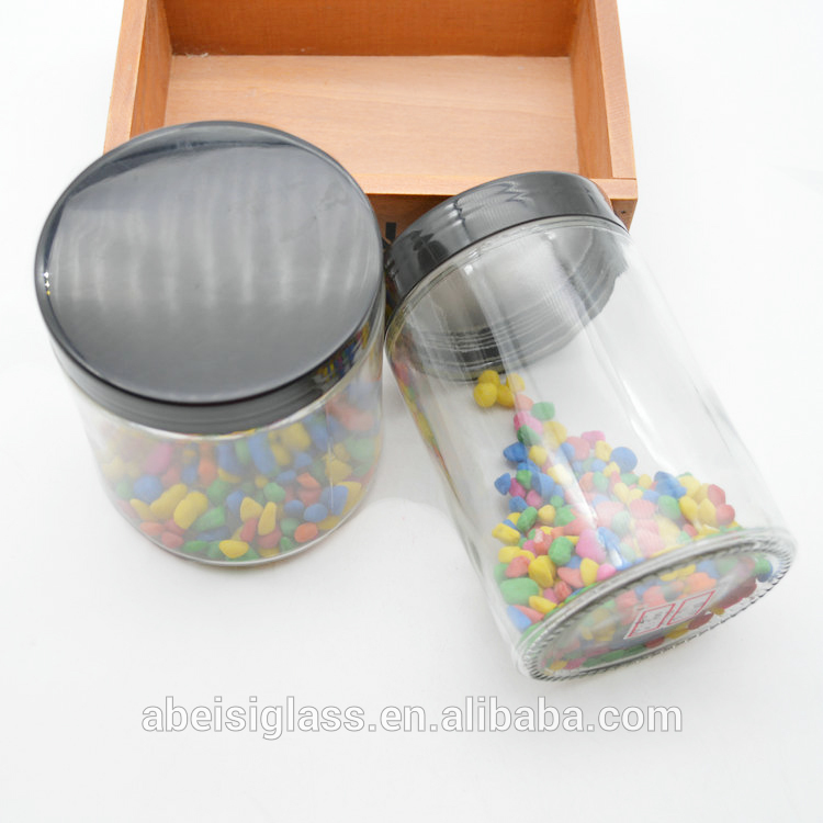 clear straight side glass jar with black lid