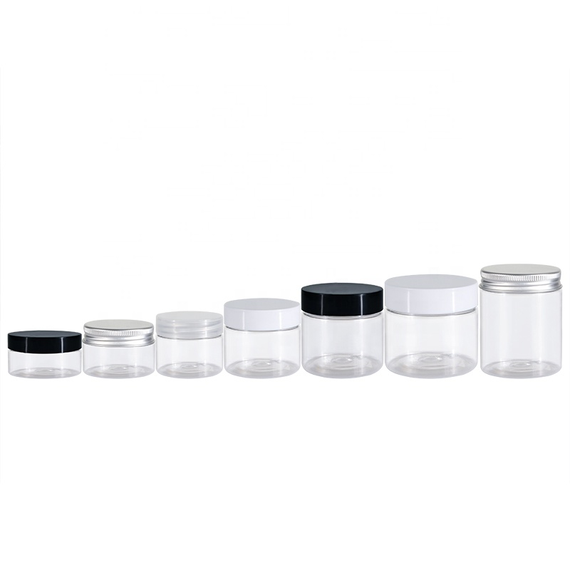 clear white lid empty jar for body scrub 50g 80g 100g 150g 250g 500g PET Plastic candy jar with aluminum screw lid