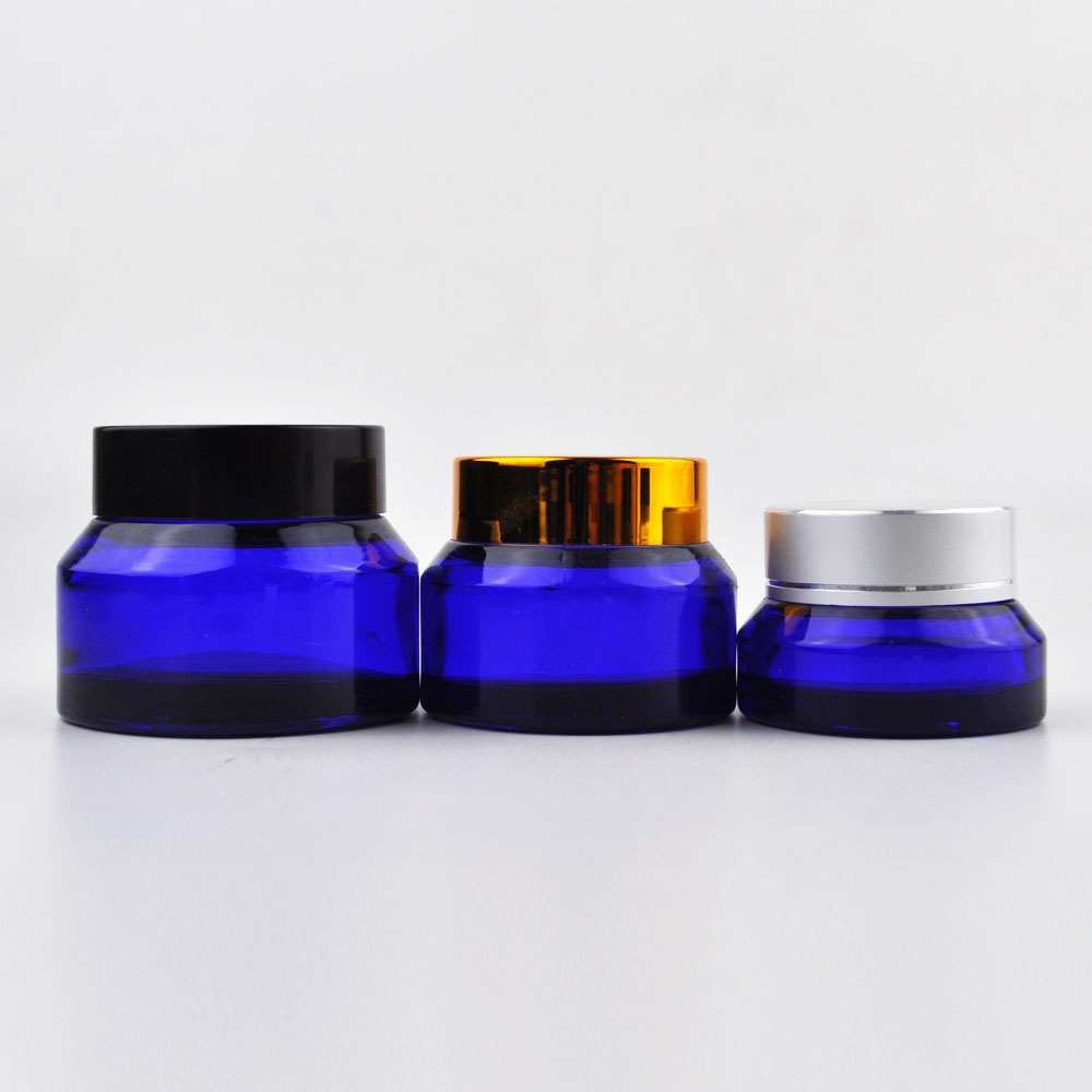 cobalt blue 1/4 200ml shoulder glass cosmetic jar with gold cap