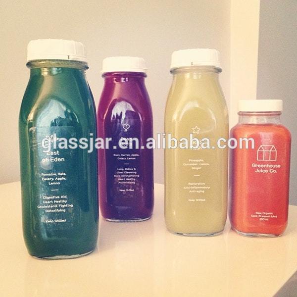 cold pressed juice 250ml 300ml 500ml 16oz clear french square glass bottles with plastic screw cap